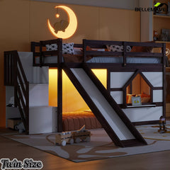 Twin loft bed with storage stairs and playhouse window in walnut and white