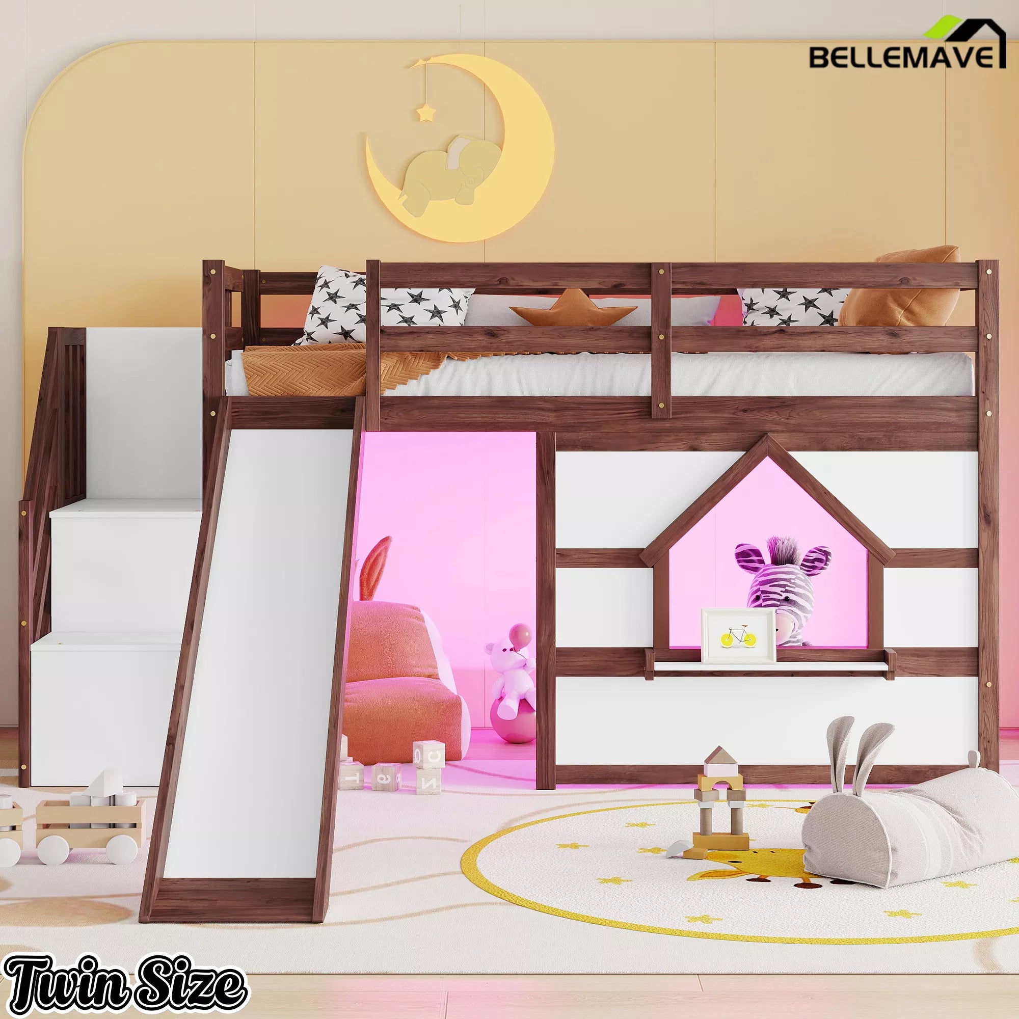 Kids loft bed with LED lights and slide in walnut and white