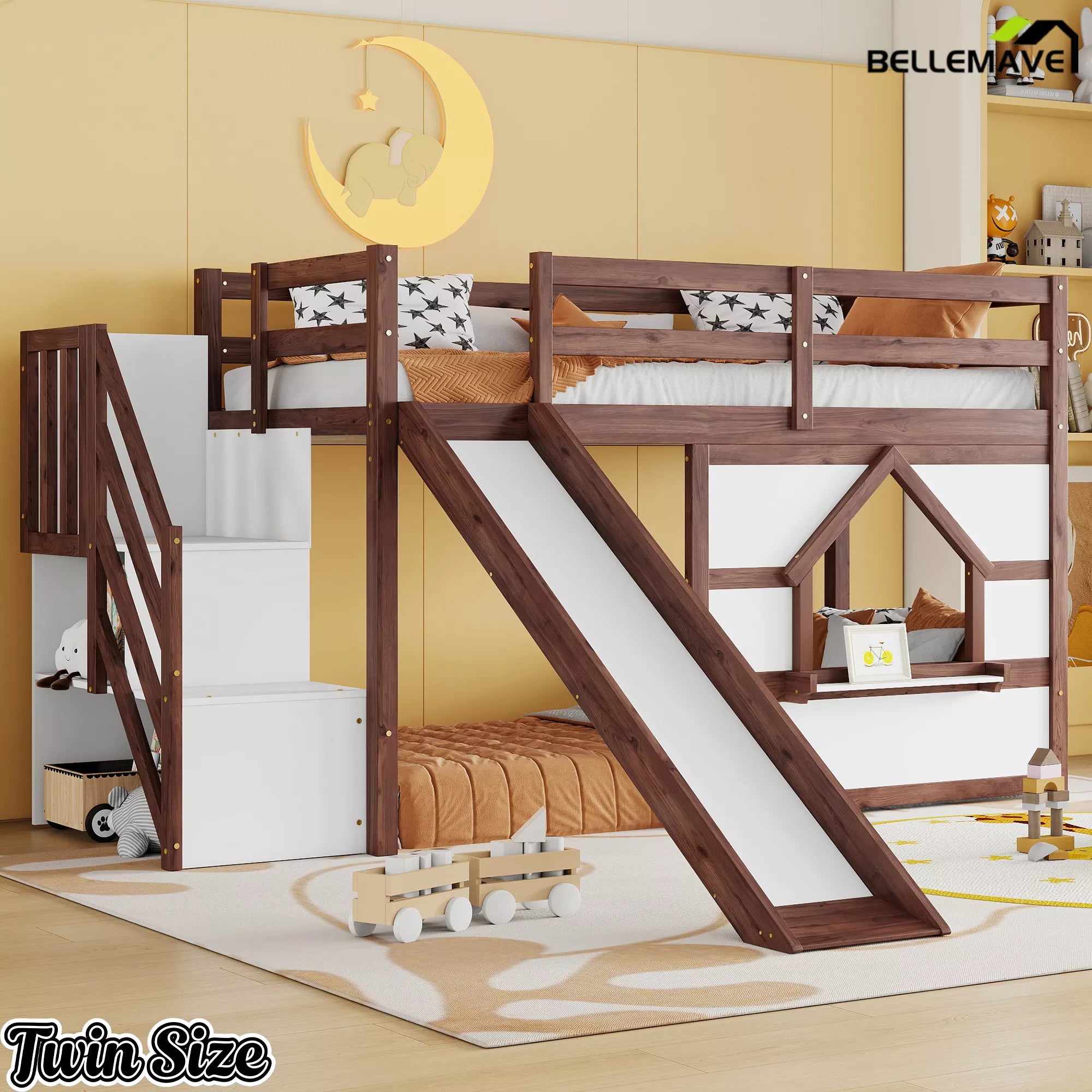 Twin low loft bed with storage stairs in walnut and white