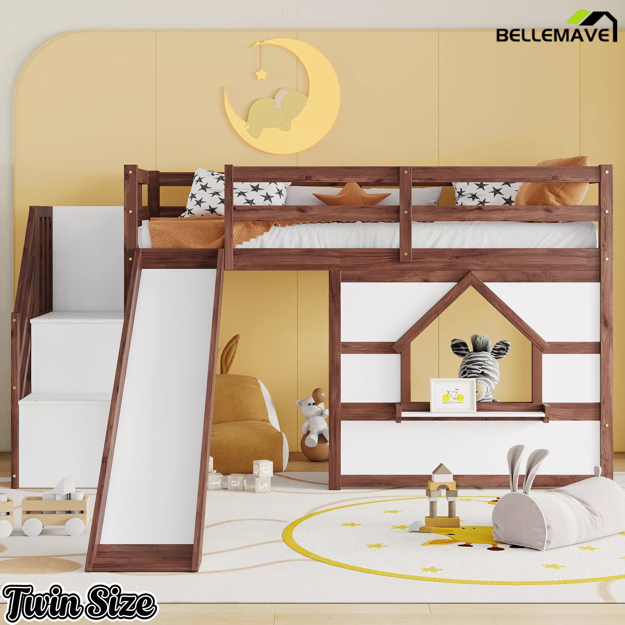 Kids playhouse loft bed with slide in walnut and white