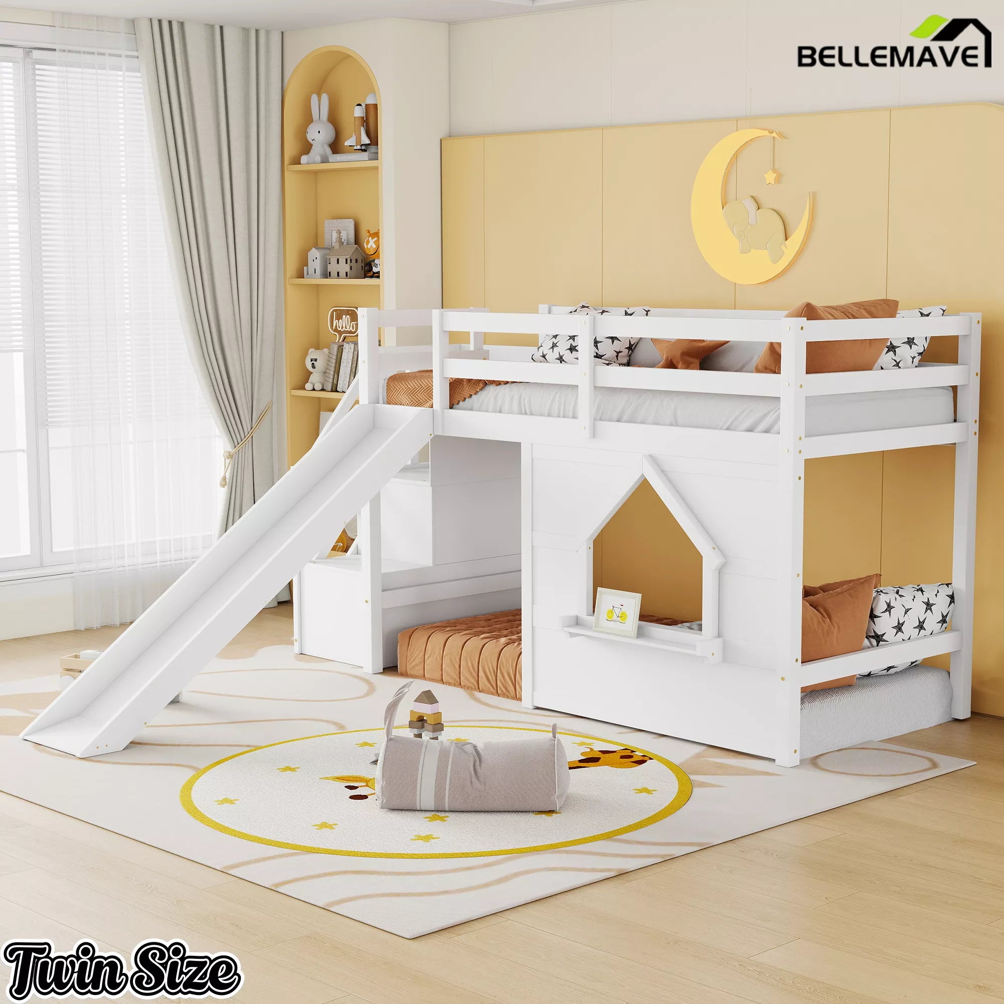 Kids twin low loft bed with storage stairs and slide in white