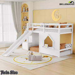 Kids twin low loft bed with storage stairs and slide in white