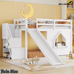 Twin loft bed with playhouse window and LED lights in white