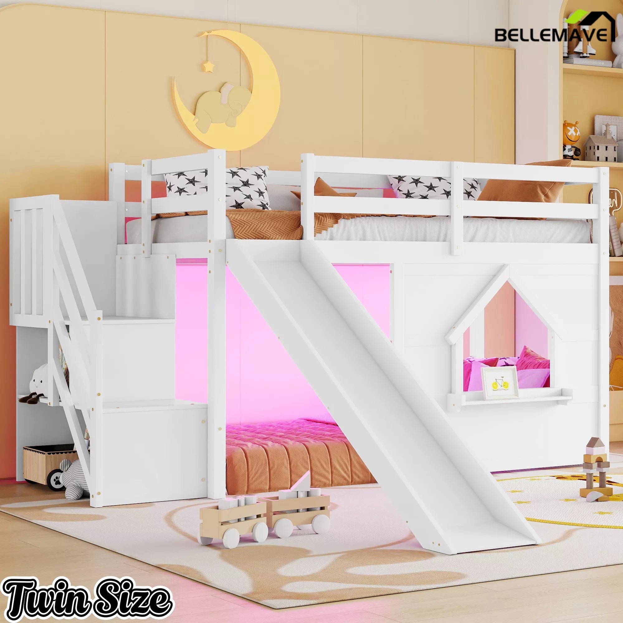 Kids low loft bed with slide and storage stairs in white