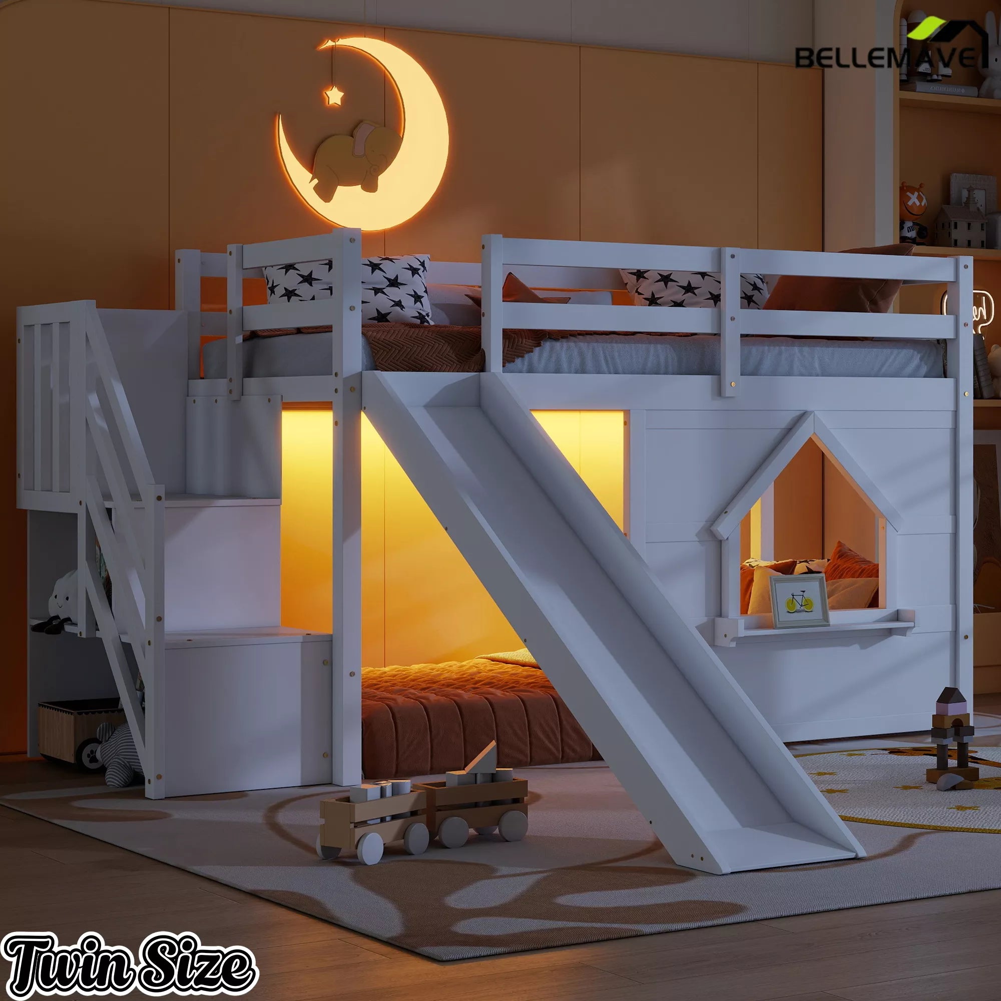 Twin loft bed with LED lights and playhouse window in white