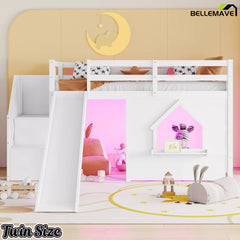 Kids twin low loft bed with storage stairs and slide in white finish