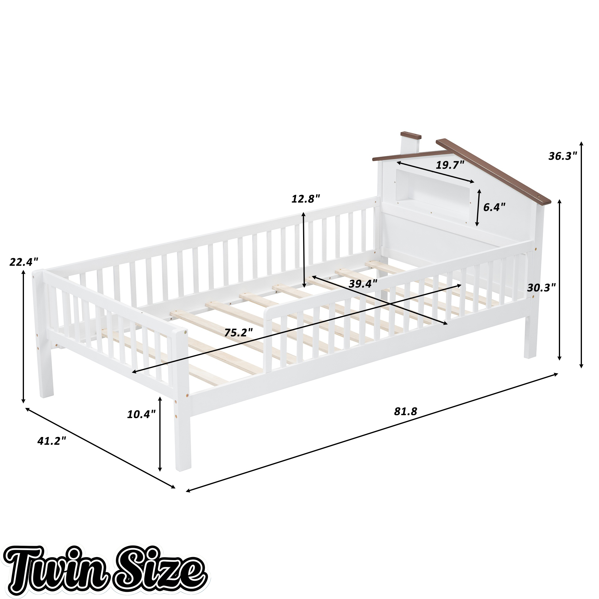 Bellemave® Twin Size Solid Wood Platform Bed with House-Shaped Headboard,Safety Guardrails,LED & Built-in Storage,No Box Spring Needed (Natural) Bellemave®