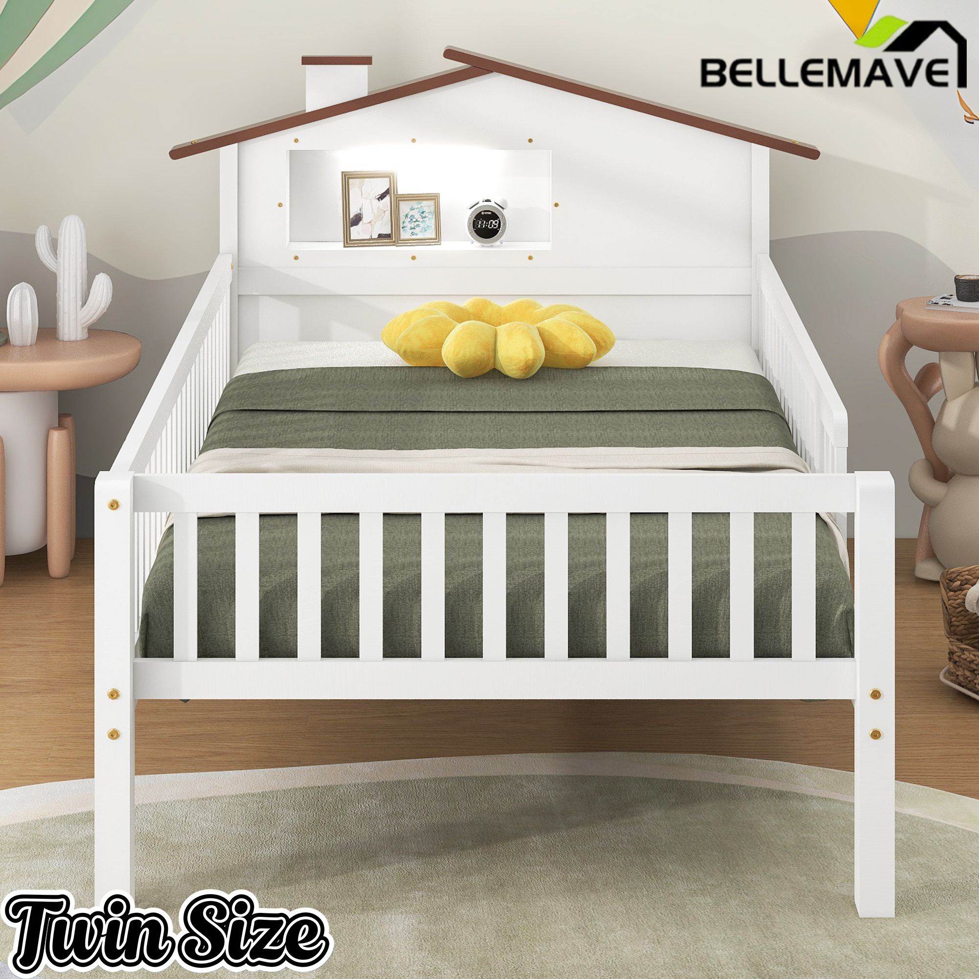 Bellemave® Twin Size Solid Wood Platform Bed with House-Shaped Headboard,Safety Guardrails,LED & Built-in Storage,No Box Spring Needed (Natural) Bellemave®