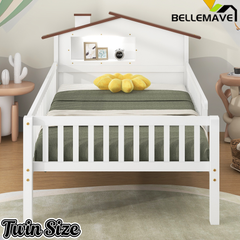 Bellemave® Twin Size Solid Wood Platform Bed with House-Shaped Headboard,Safety Guardrails,LED & Built-in Storage,No Box Spring Needed (Natural) Bellemave®