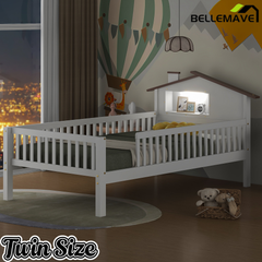 Bellemave® Twin Size Solid Wood Platform Bed with House-Shaped Headboard,Safety Guardrails,LED & Built-in Storage,No Box Spring Needed (Natural) Bellemave®
