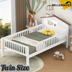 Bellemave® Twin Size Solid Wood Platform Bed with House-Shaped Headboard,Safety Guardrails,LED & Built-in Storage,No Box Spring Needed (Natural) Bellemave®