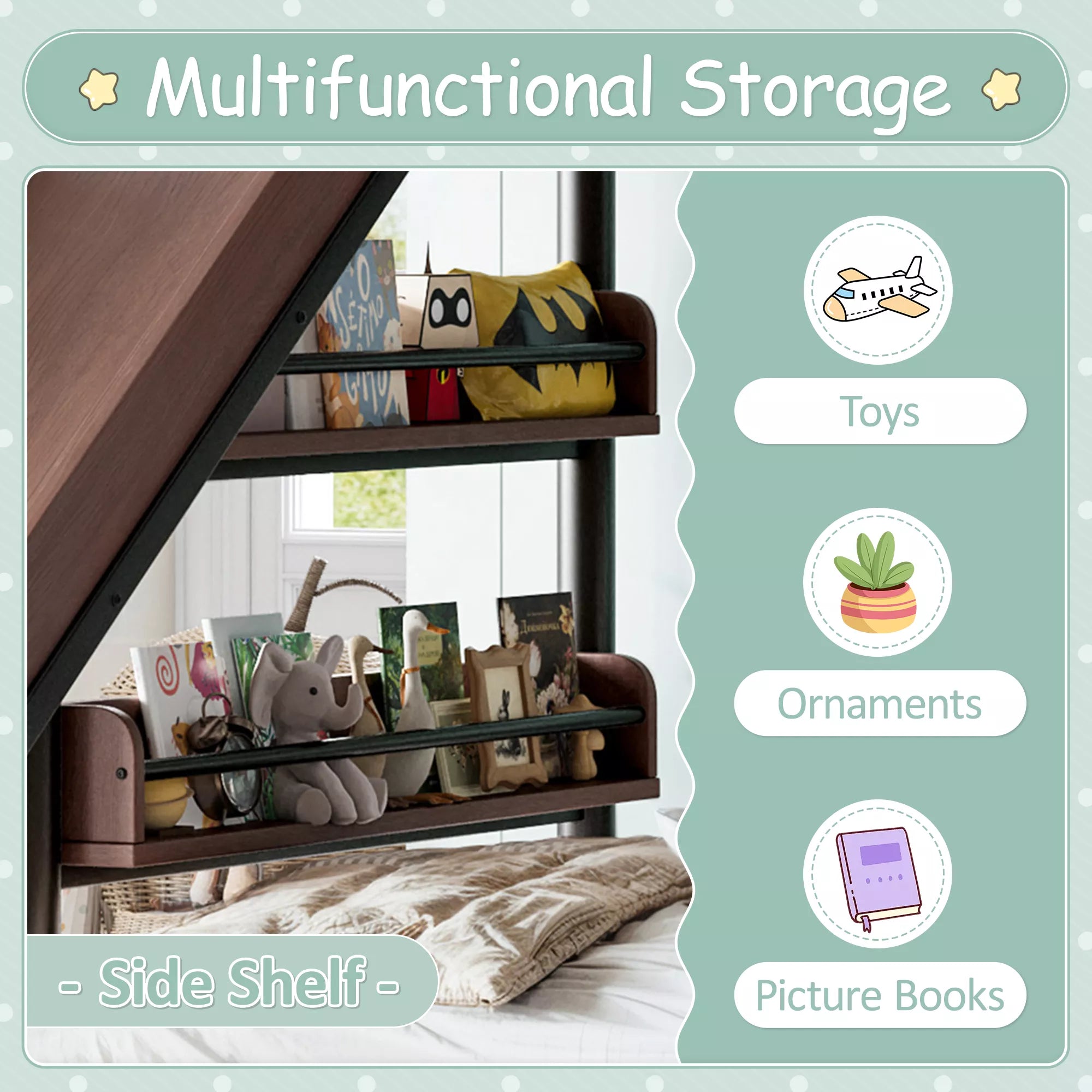 Black twin metal loft bed with slide and climbing wall for kids
