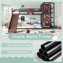 Black twin size metal loft bed frame with sports play features