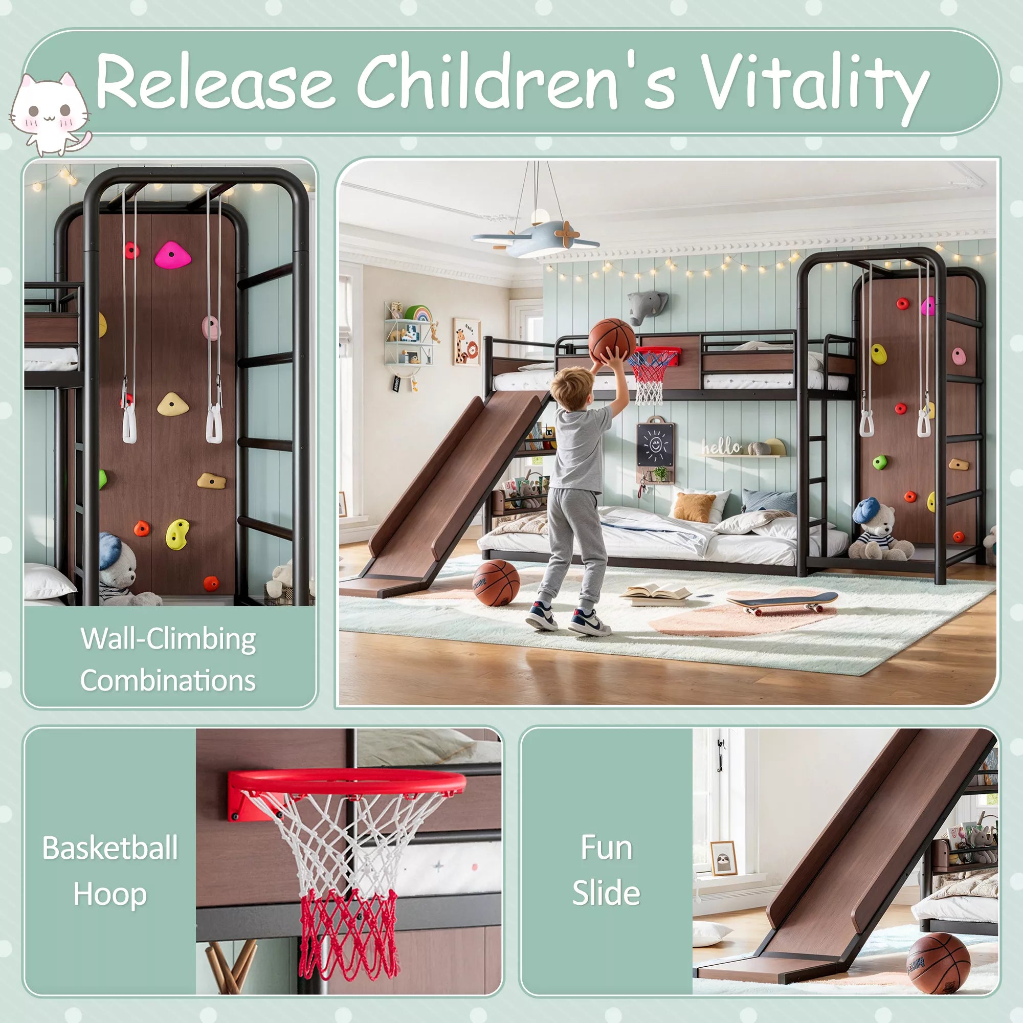 Black twin loft bed with basketball hoop, slide and climbing wall