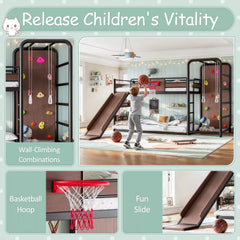 Black twin loft bed with basketball hoop, slide and climbing wall