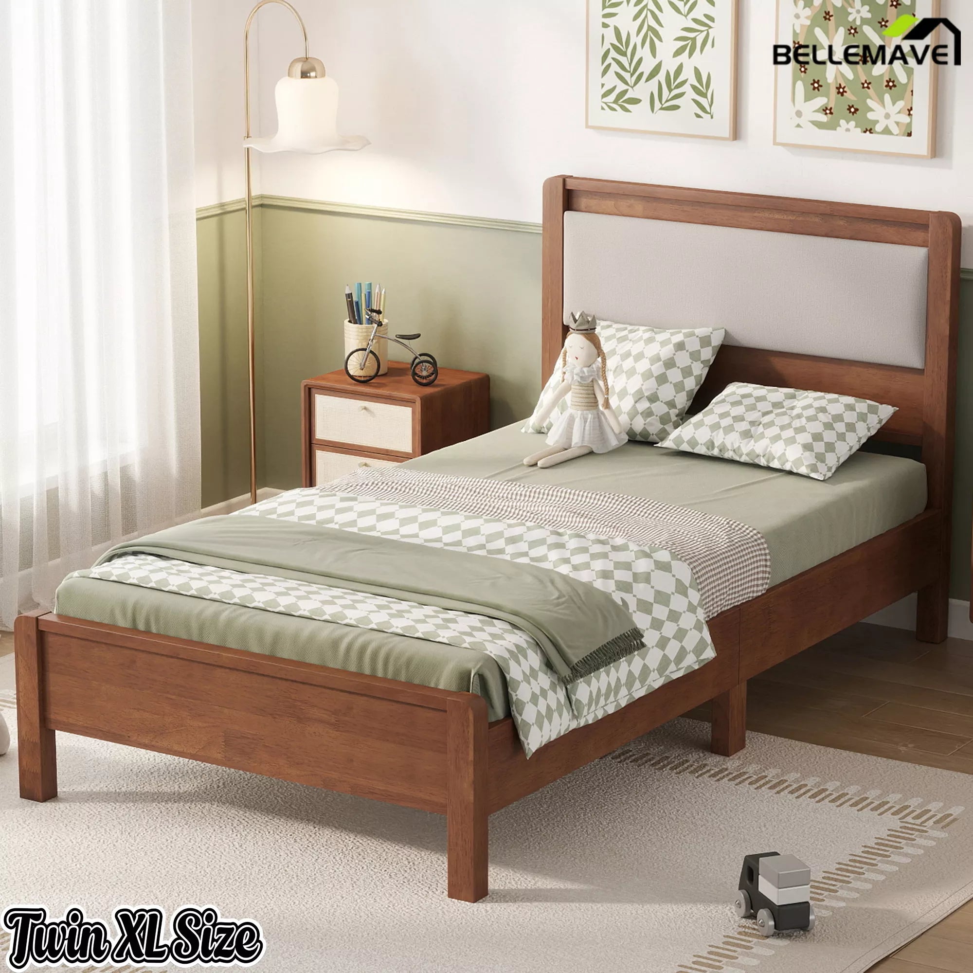 Brown Twin XL wooden bed with upholstered headboard in a bedroom, three-quarter view