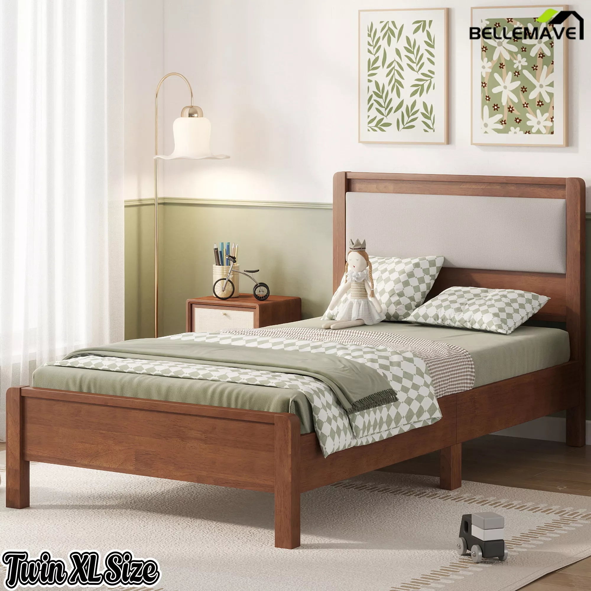 Brown Twin XL bed frame with upholstered headboard viewed from the side