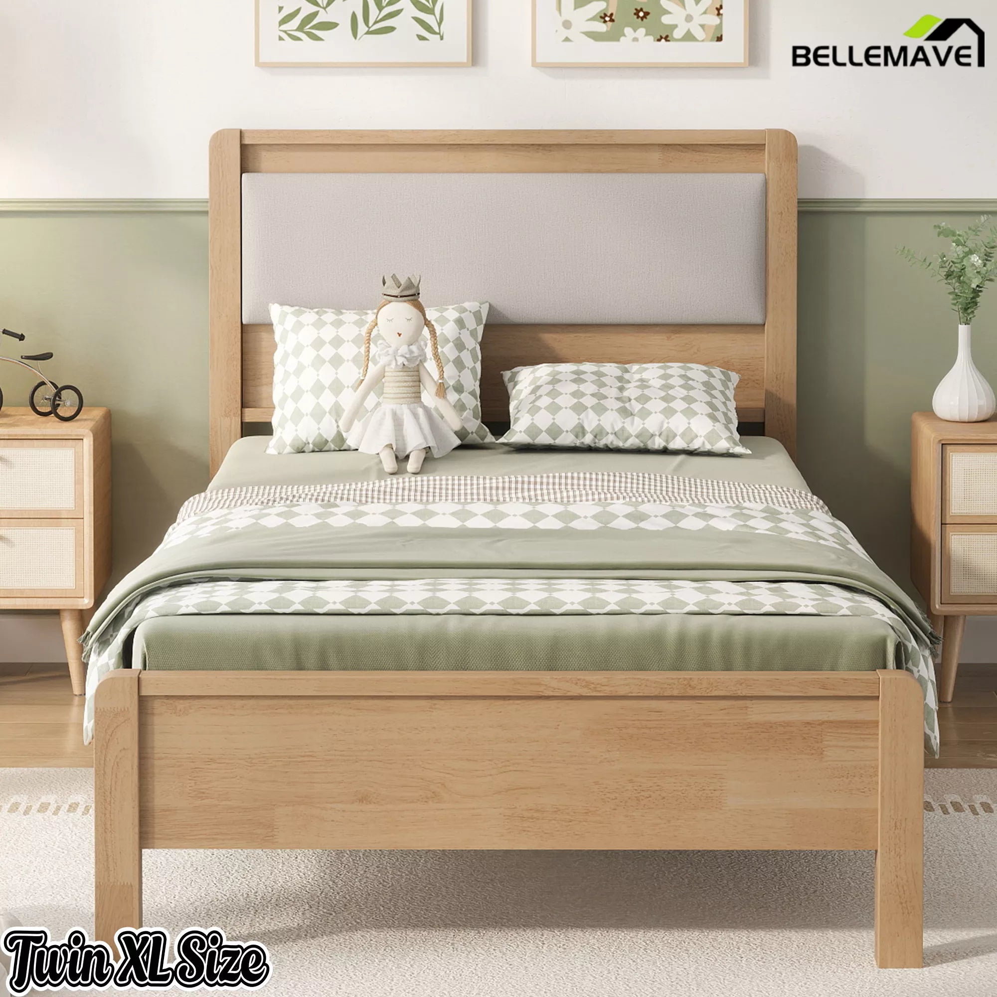 Front view of the natural finish Twin XL bed with a light upholstered headboard