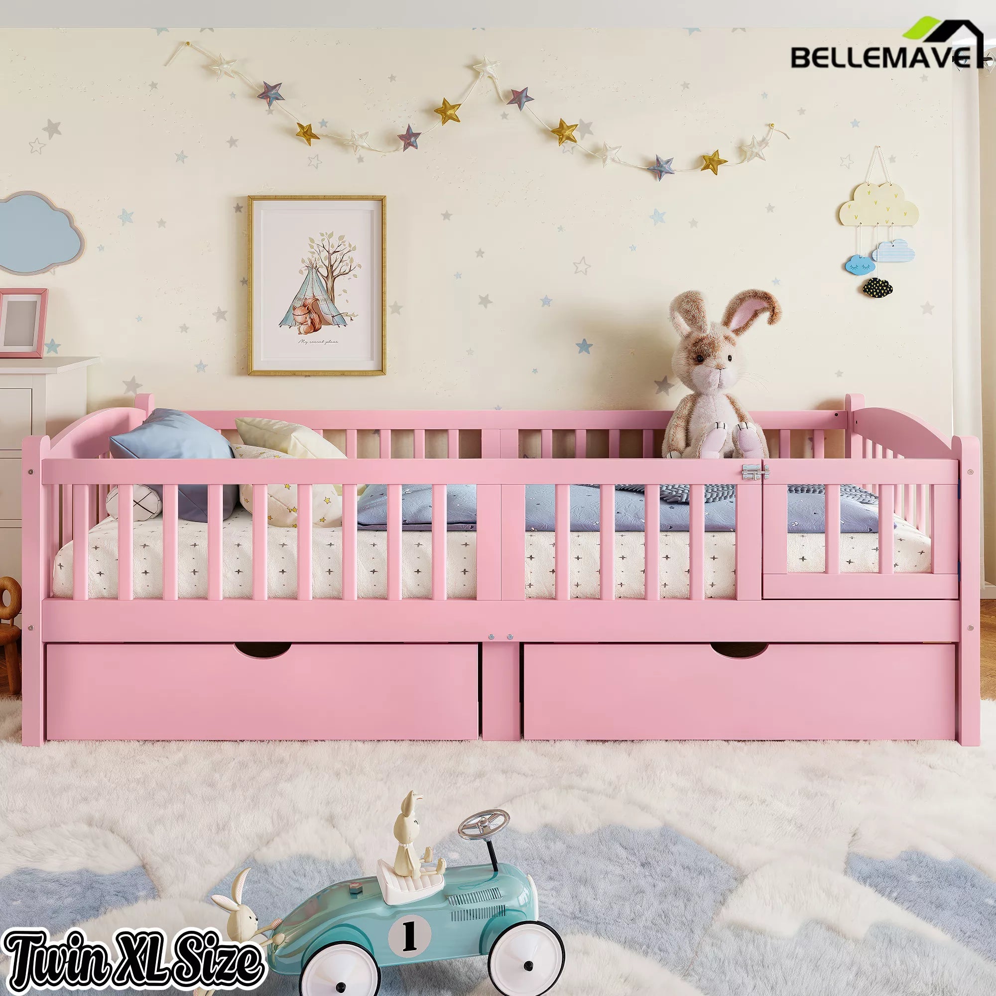 pink platform bed with storage drawers