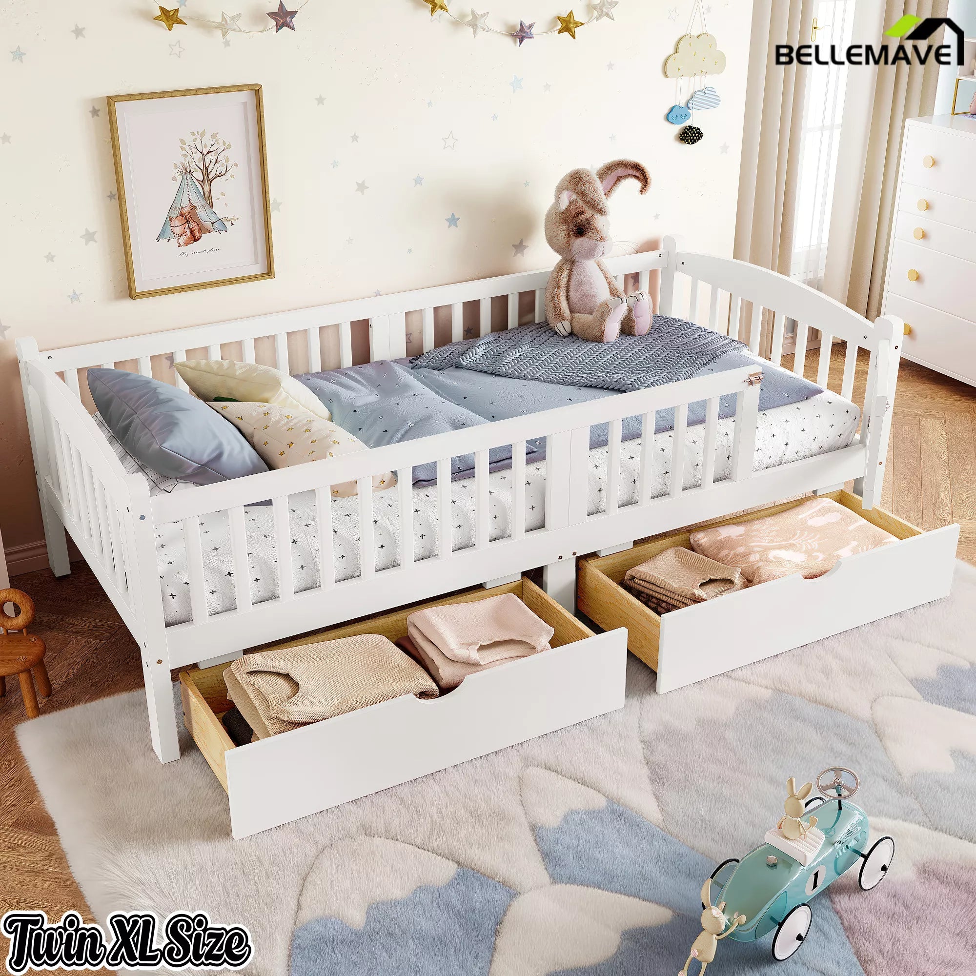 white twin xl platform bed with guardrails