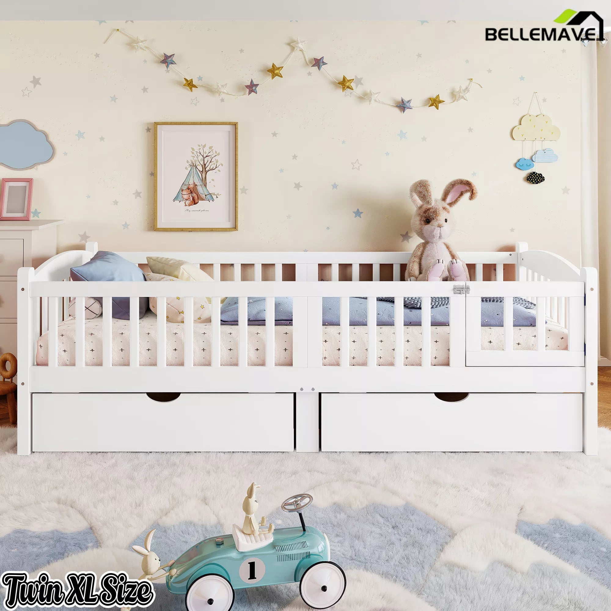 white platform bed with guardrails and drawers