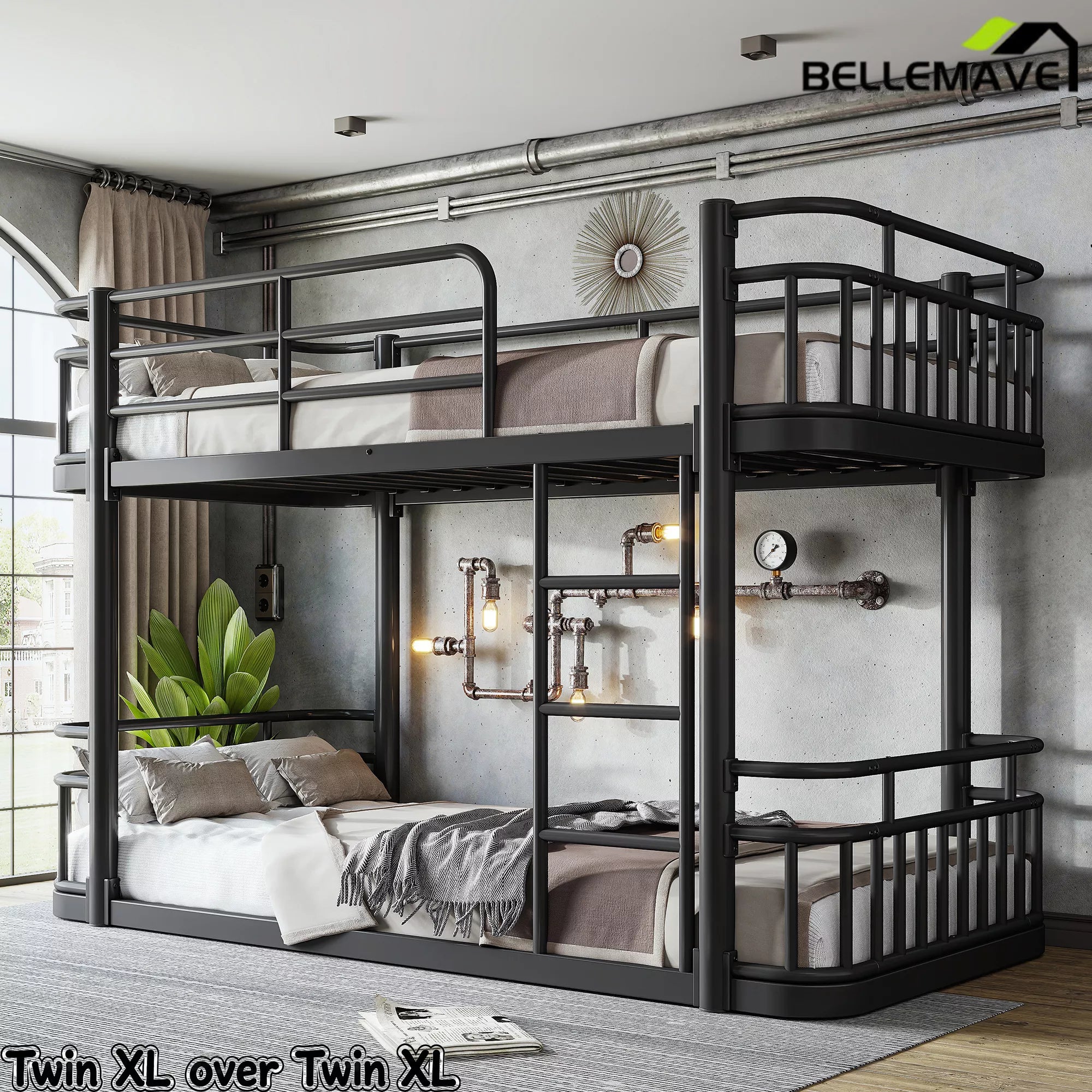 black bunk bed with safety guardrails and ladder