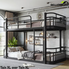 black bunk bed with safety guardrails and ladder