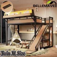 Bellemave® Loft Bed with Ladder, Storage Shelves & Slide,Wardrobe & Pegboard, Metal Loft Bed Frame with USB Ports & LED Lights Bellemave®