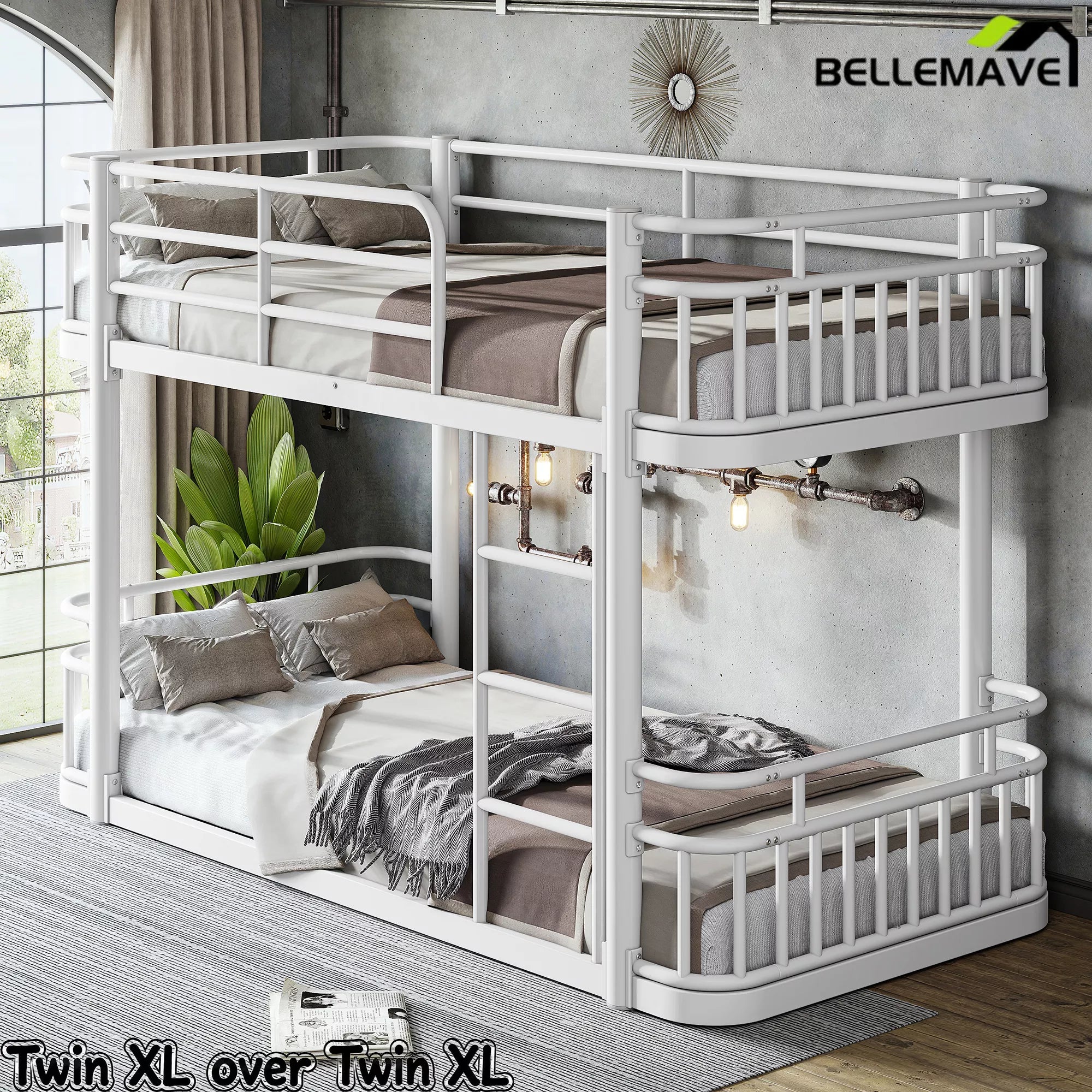 white bunk bed with safety guardrails and ladder