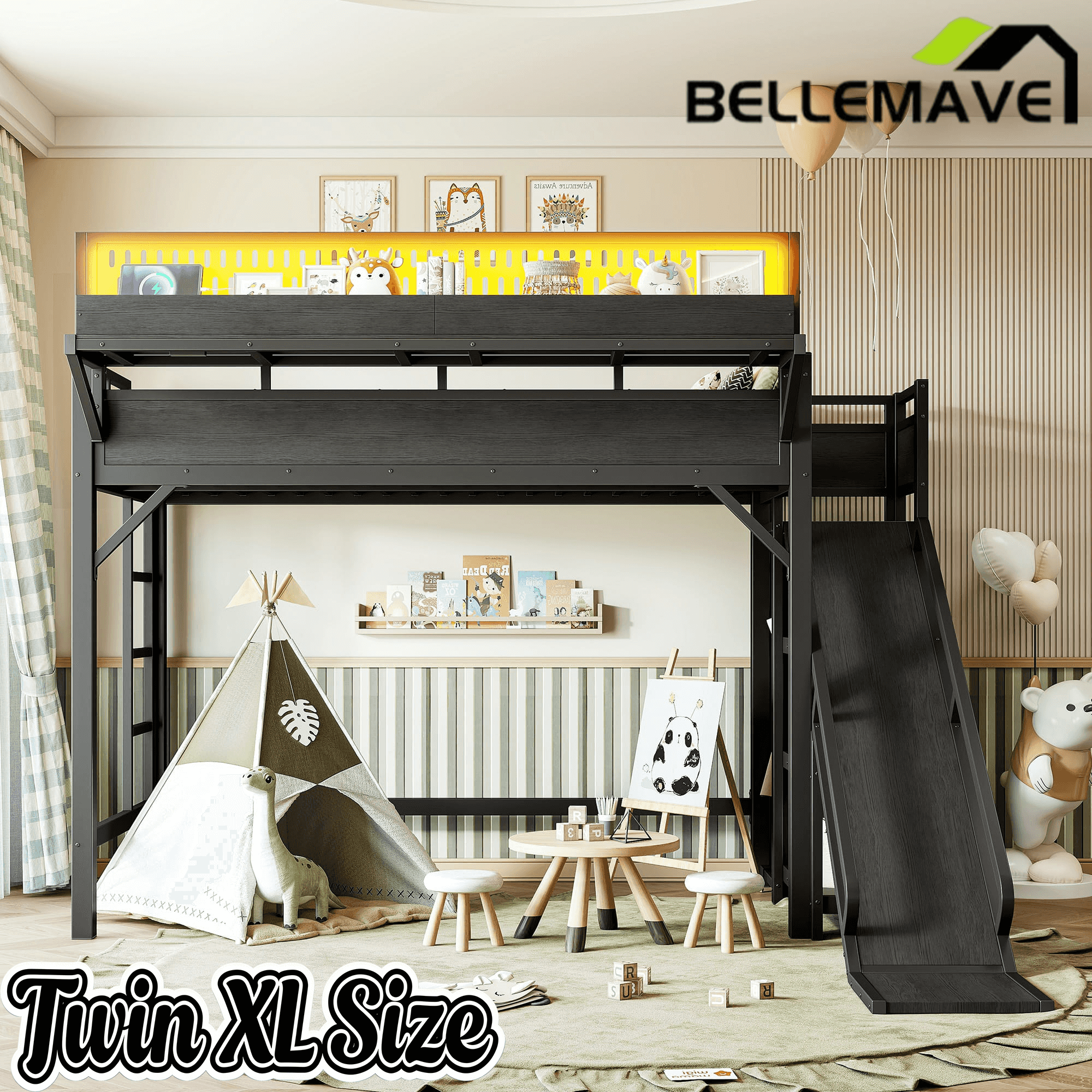 Bellemave® Loft Bed with Ladder, Storage Shelves & Slide,Wardrobe & Pegboard, Metal Loft Bed Frame with USB Ports & LED Lights Bellemave®
