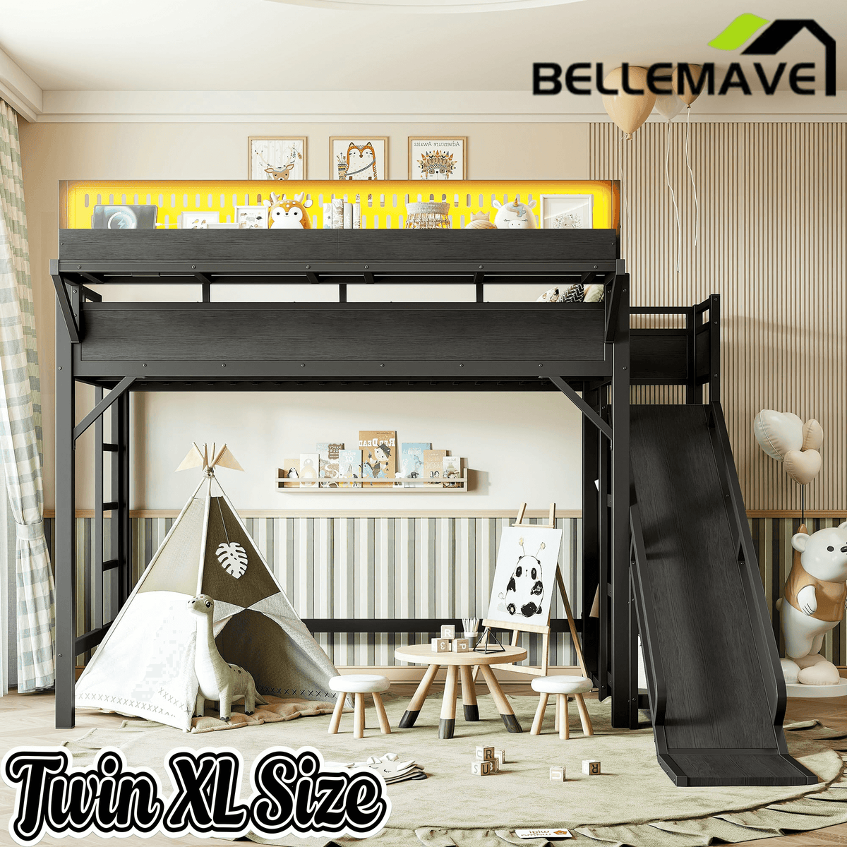 Bellemave® Loft Bed with Ladder, Storage Shelves & Slide,Wardrobe & Pegboard, Metal Loft Bed Frame with USB Ports & LED Lights Bellemave®