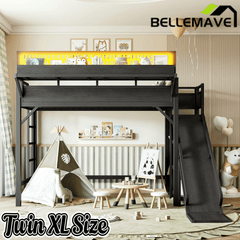 Bellemave® Loft Bed with Ladder, Storage Shelves & Slide,Wardrobe & Pegboard, Metal Loft Bed Frame with USB Ports & LED Lights Bellemave®