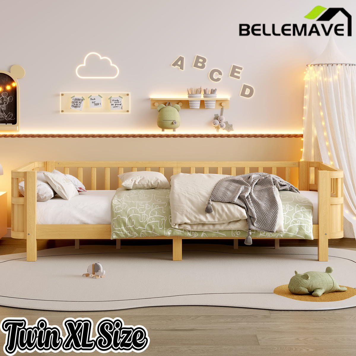 Bellemave® Kids Wood Bed Frame with Detachable Fence, Montessori Bed with Headboard & Footboard,No Box Spring Needed Bellemave®