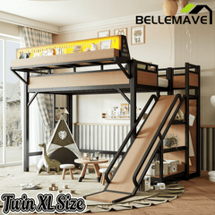 Bellemave® Loft Bed with Ladder, Storage Shelves & Slide,Wardrobe & Pegboard, Metal Loft Bed Frame with USB Ports & LED Lights Bellemave®