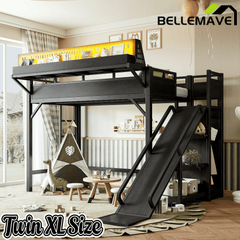 Bellemave® Loft Bed with Ladder, Storage Shelves & Slide,Wardrobe & Pegboard, Metal Loft Bed Frame with USB Ports & LED Lights Bellemave®