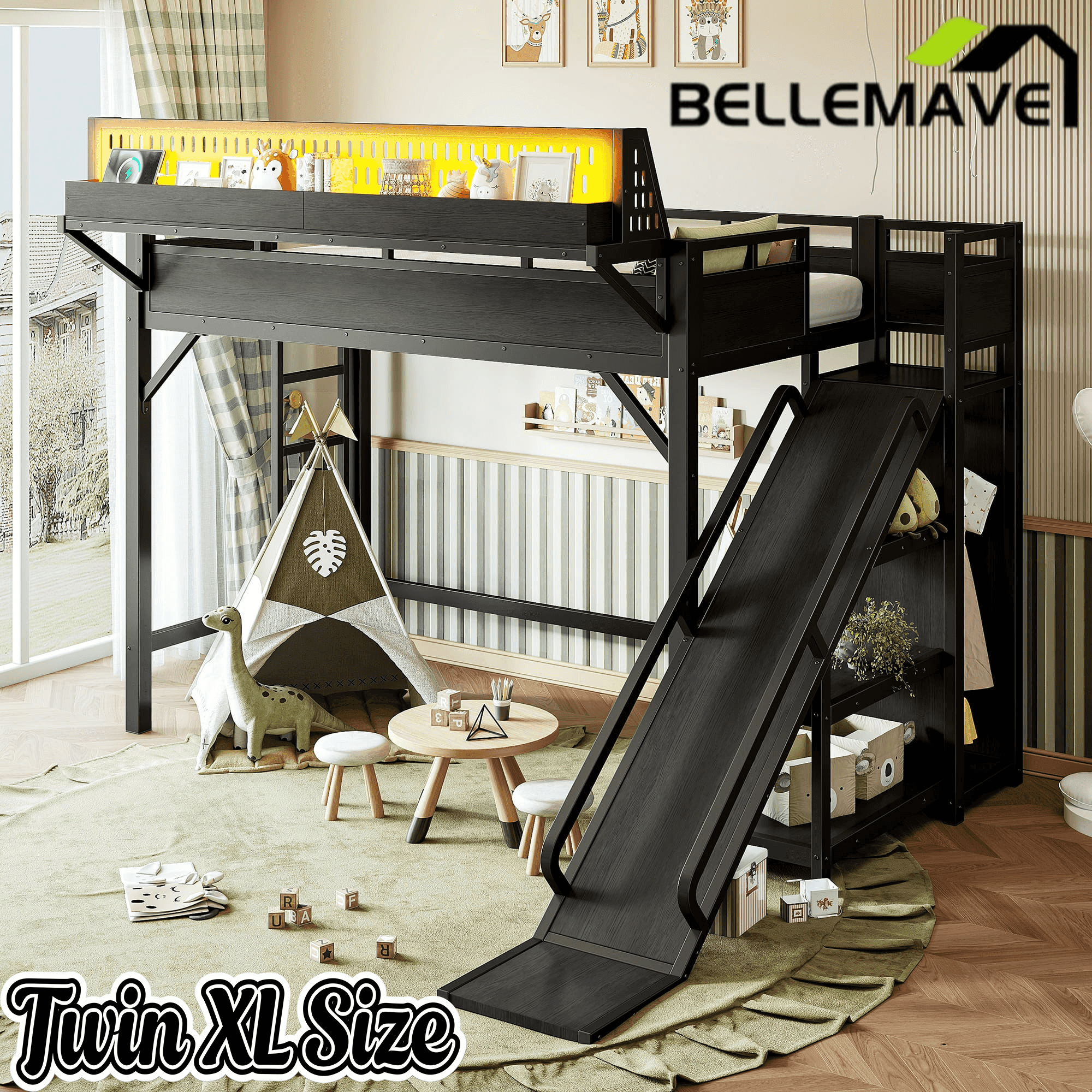 Bellemave® Loft Bed with Ladder, Storage Shelves & Slide,Wardrobe & Pegboard, Metal Loft Bed Frame with USB Ports & LED Lights Bellemave®