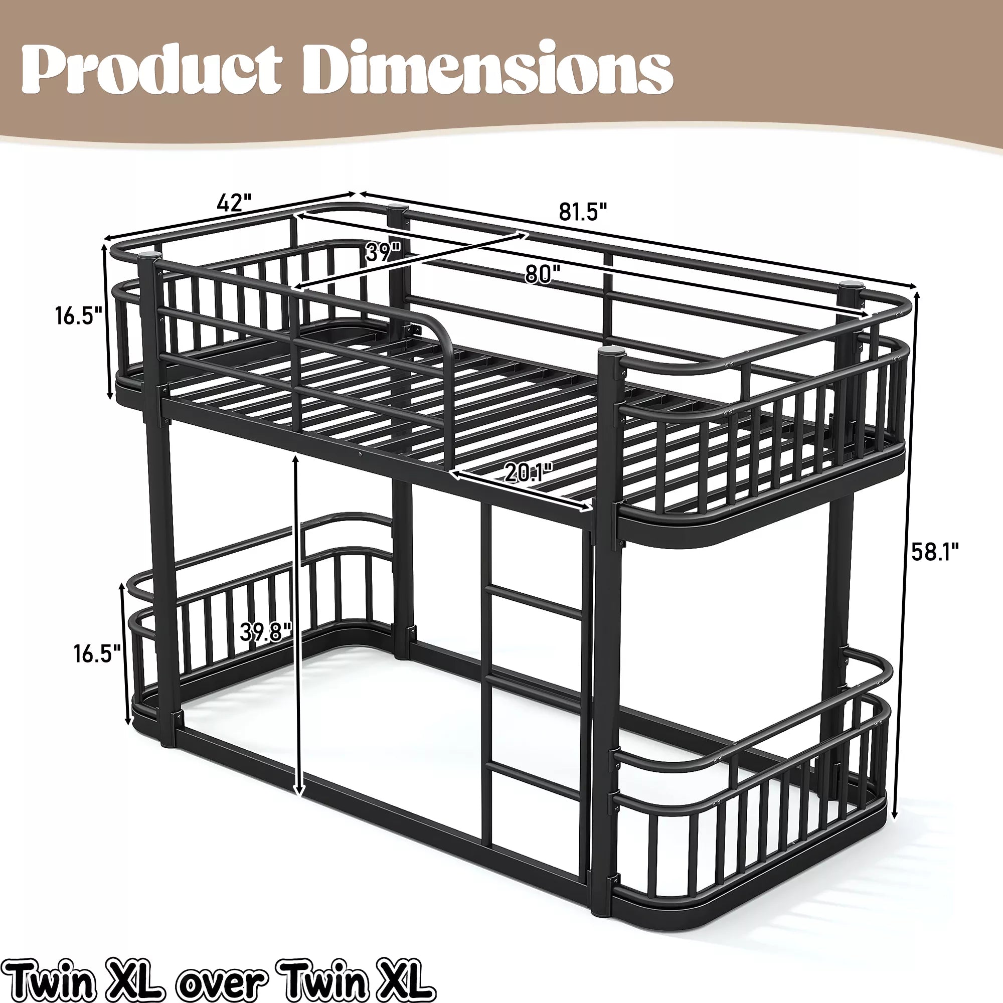 twin xl size metal bunk bed dimensions