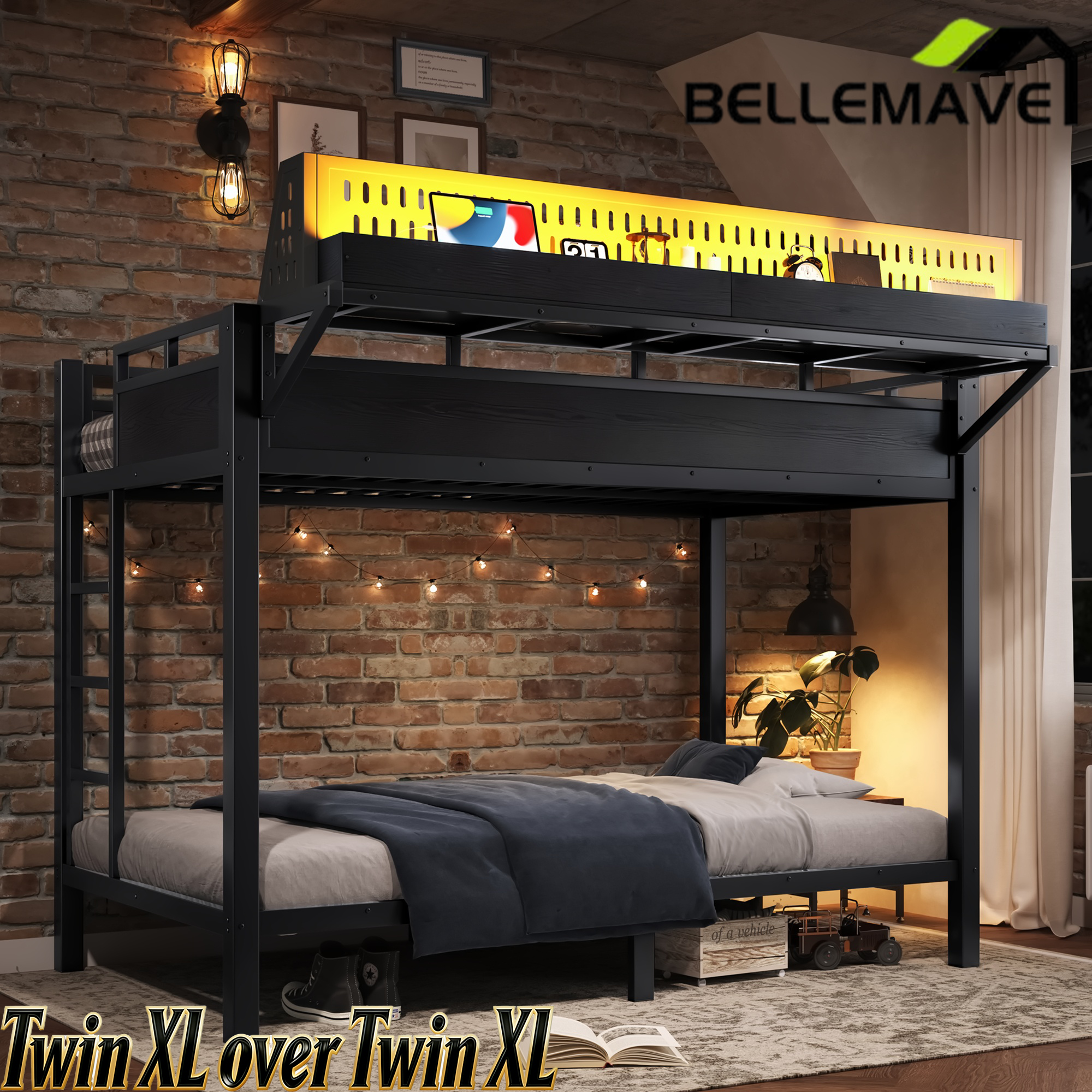 Bellemave® Metal Bunk Bed with Storage Shelves & Pegboard, Bunk Bed Frame with USB Ports & LED Lights for Teens and Adults Bellemave®