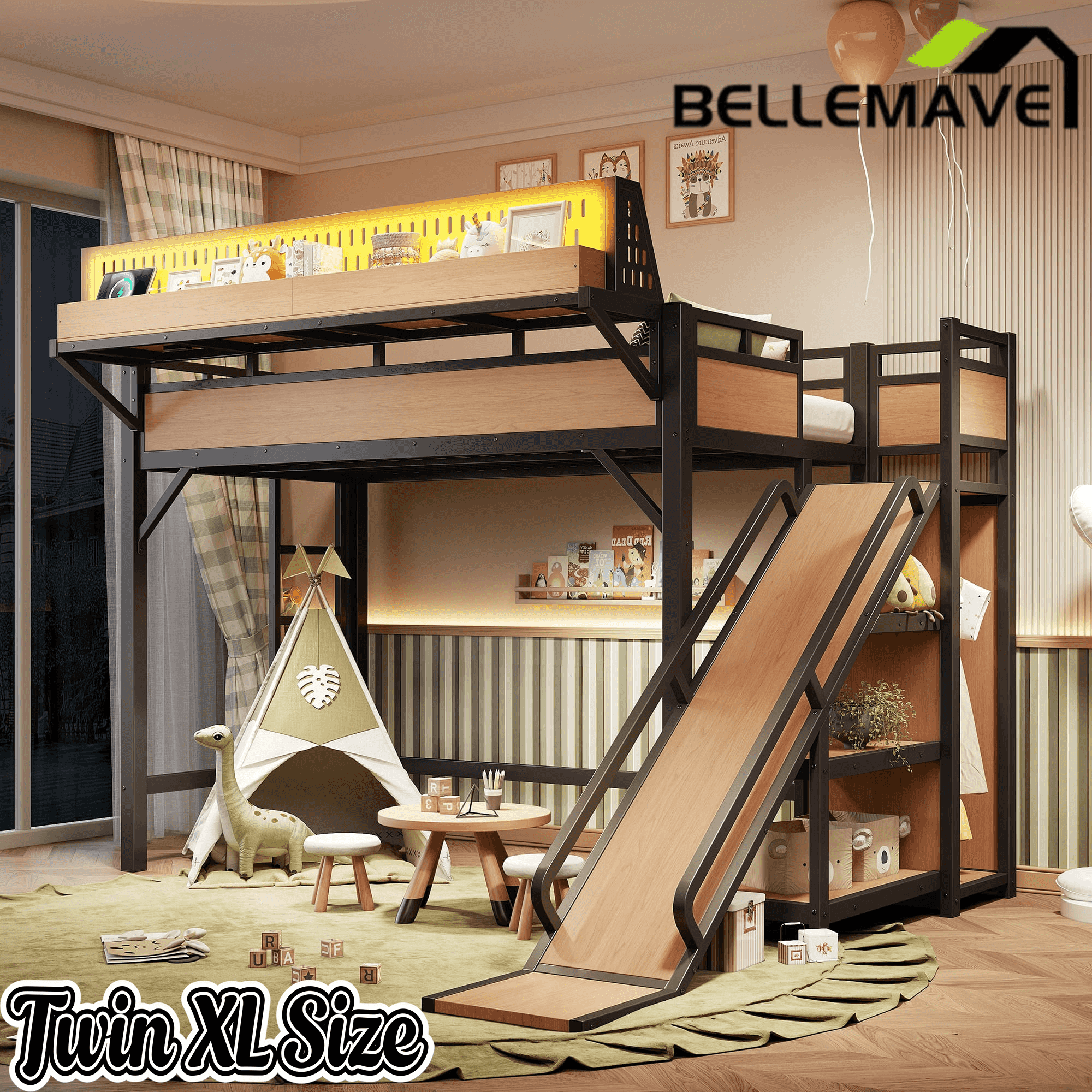 Bellemave® Loft Bed with Ladder, Storage Shelves & Slide,Wardrobe & Pegboard, Metal Loft Bed Frame with USB Ports & LED Lights Bellemave®