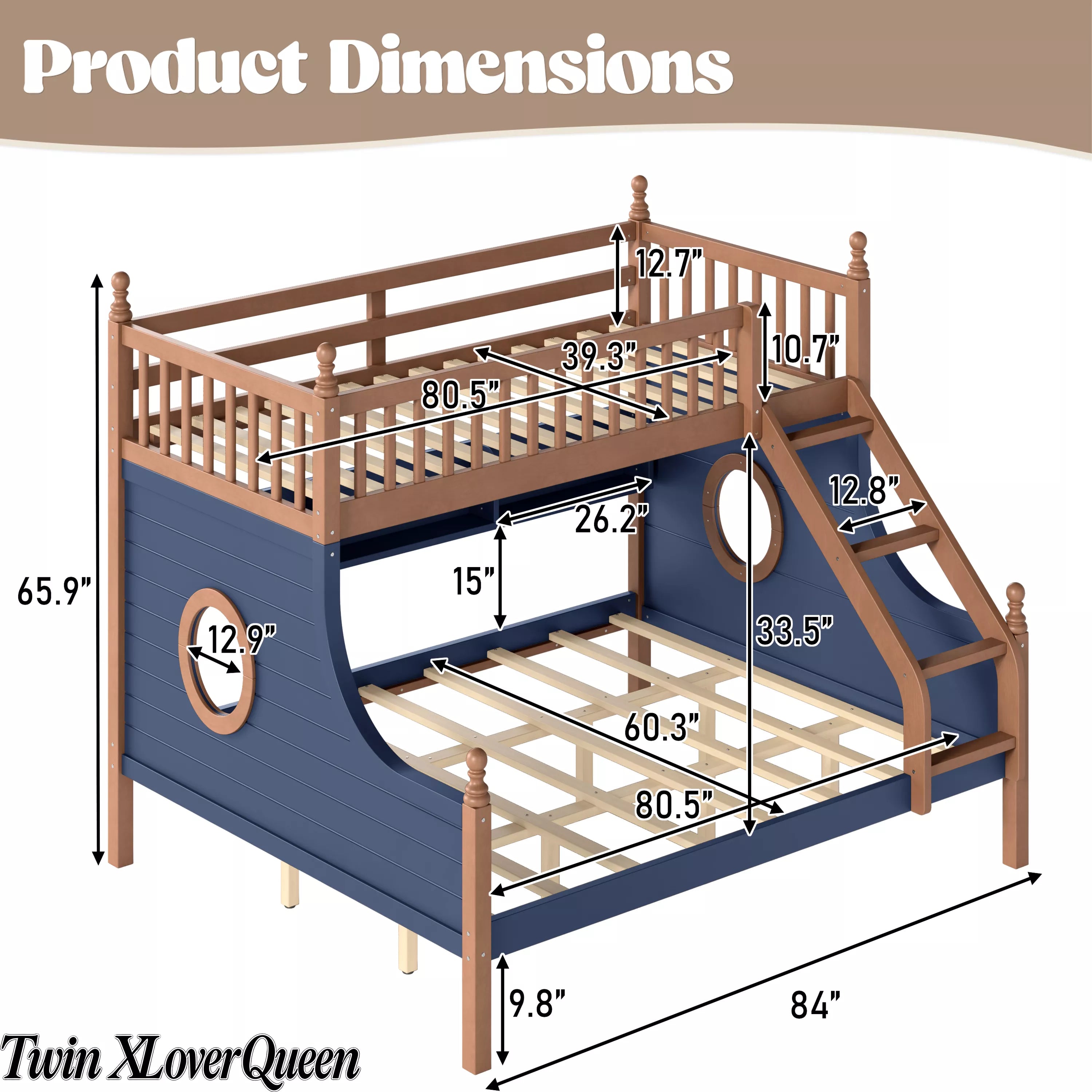 Twin XL over Queen wooden bunk bed with navy side panels and staircase, dimensions diagram