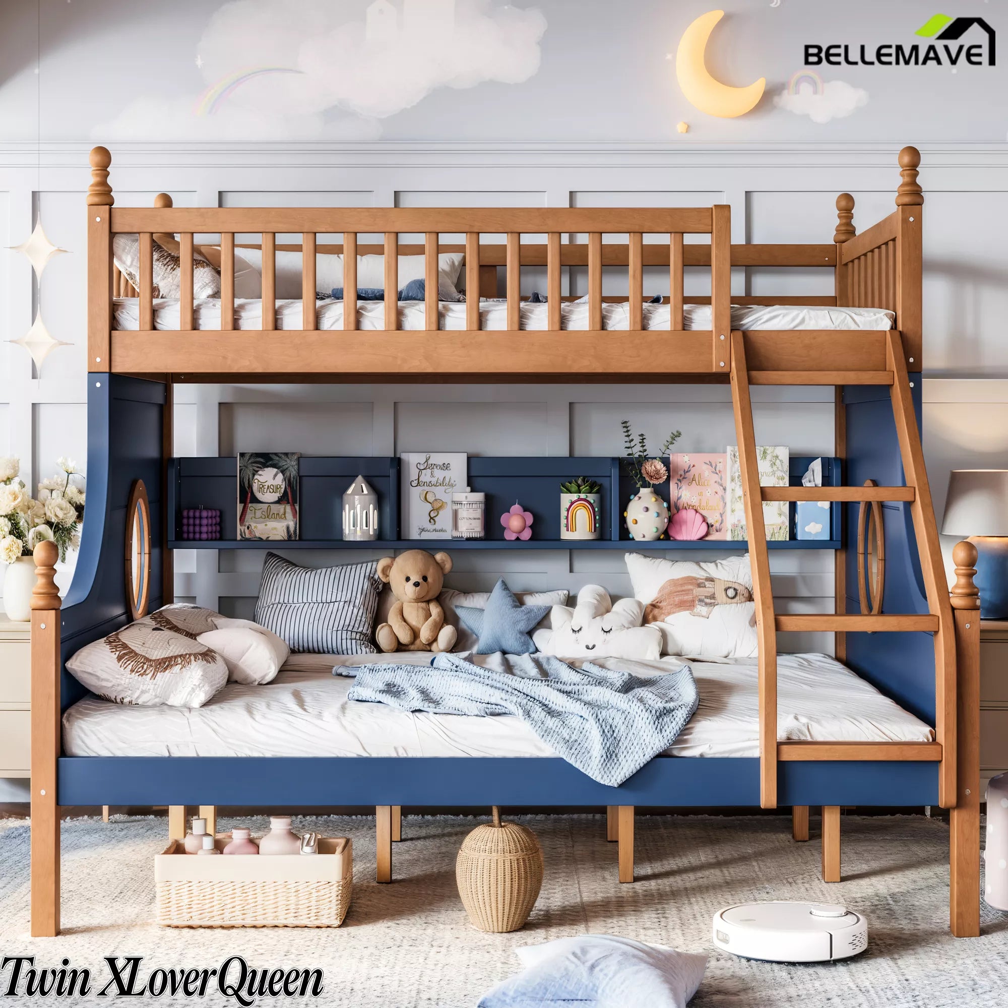 Twin XL over Queen wooden bunk bed with navy panels in a bedroom