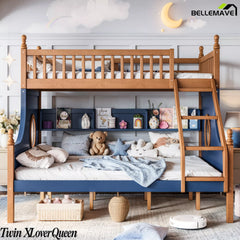 Twin XL over Queen wooden bunk bed with navy panels in a bedroom