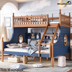 Twin XL over Queen bunk bed with staircase and built-in shelves in a bedroom