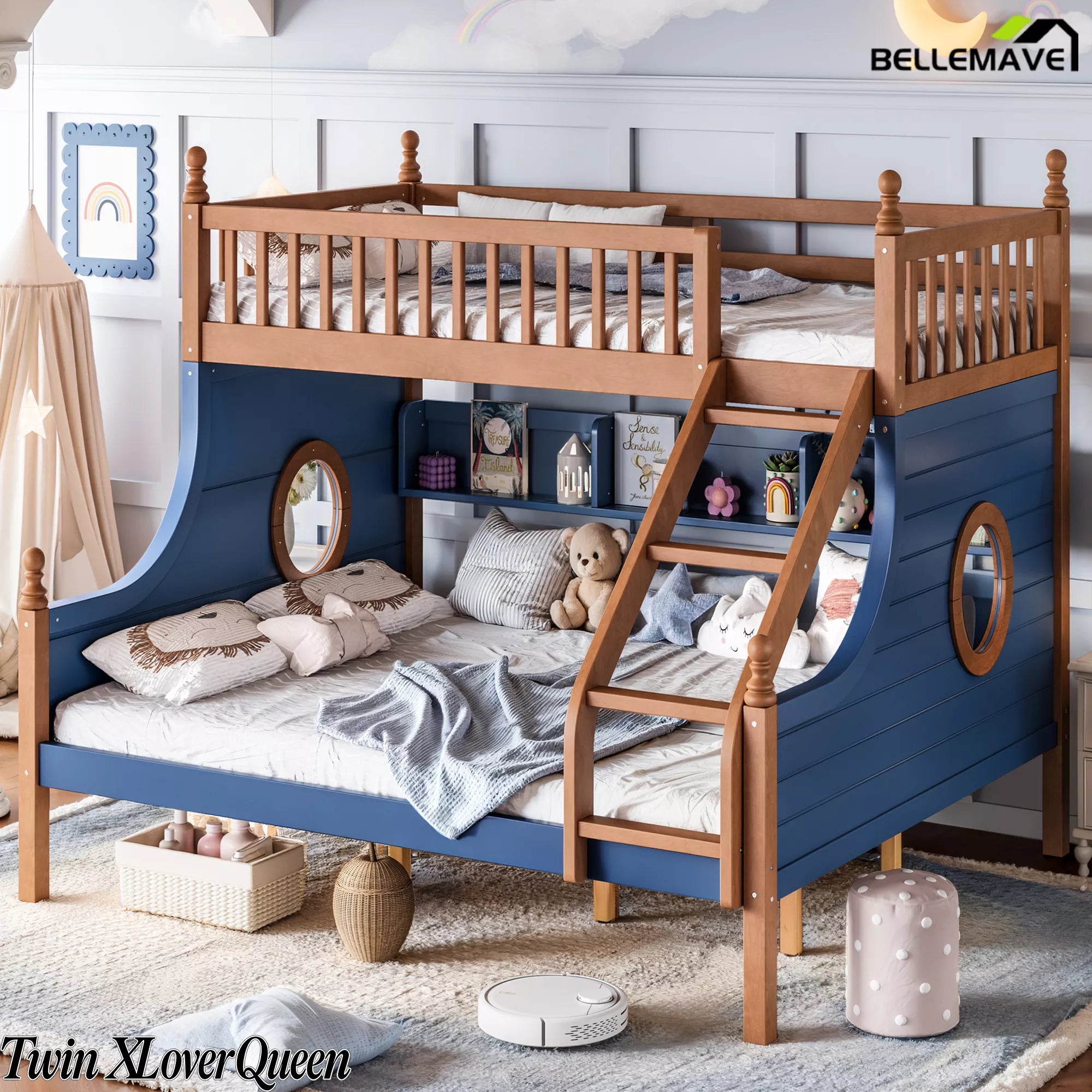 Twin XL over Queen wooden bunk bed with porthole windows and staircase