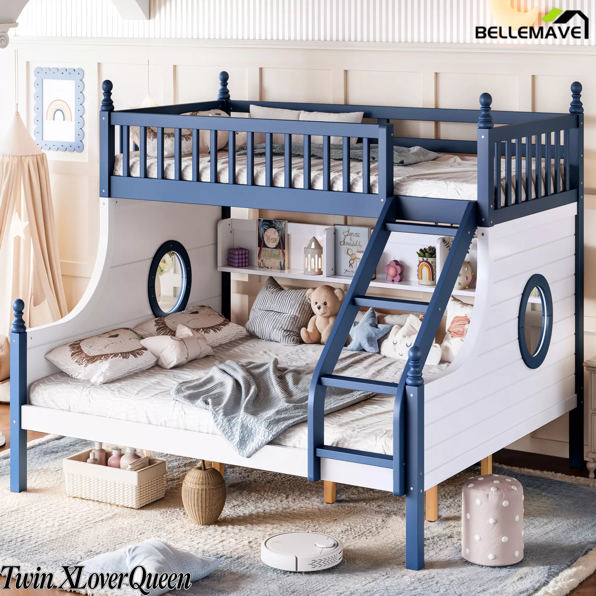 Twin XL over Queen bunk bed with blue and white side panels and wooden staircase