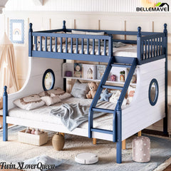 Twin XL over Queen bunk bed with blue and white side panels and wooden staircase