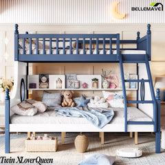 Blue and white Twin XL over Queen wooden bunk bed with round porthole windows
