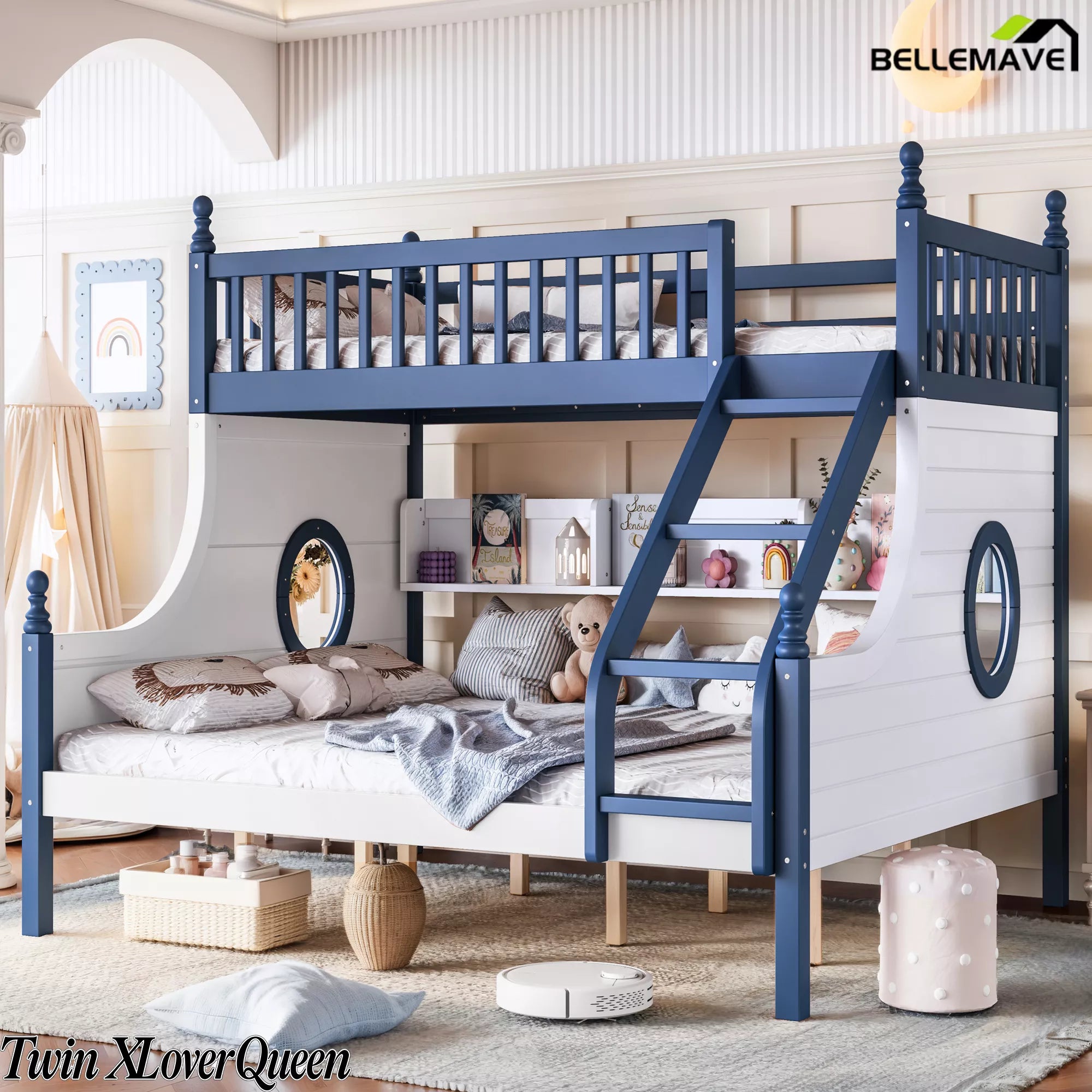 Twin XL over Queen wooden bunk bed with blue panels and upper guardrails