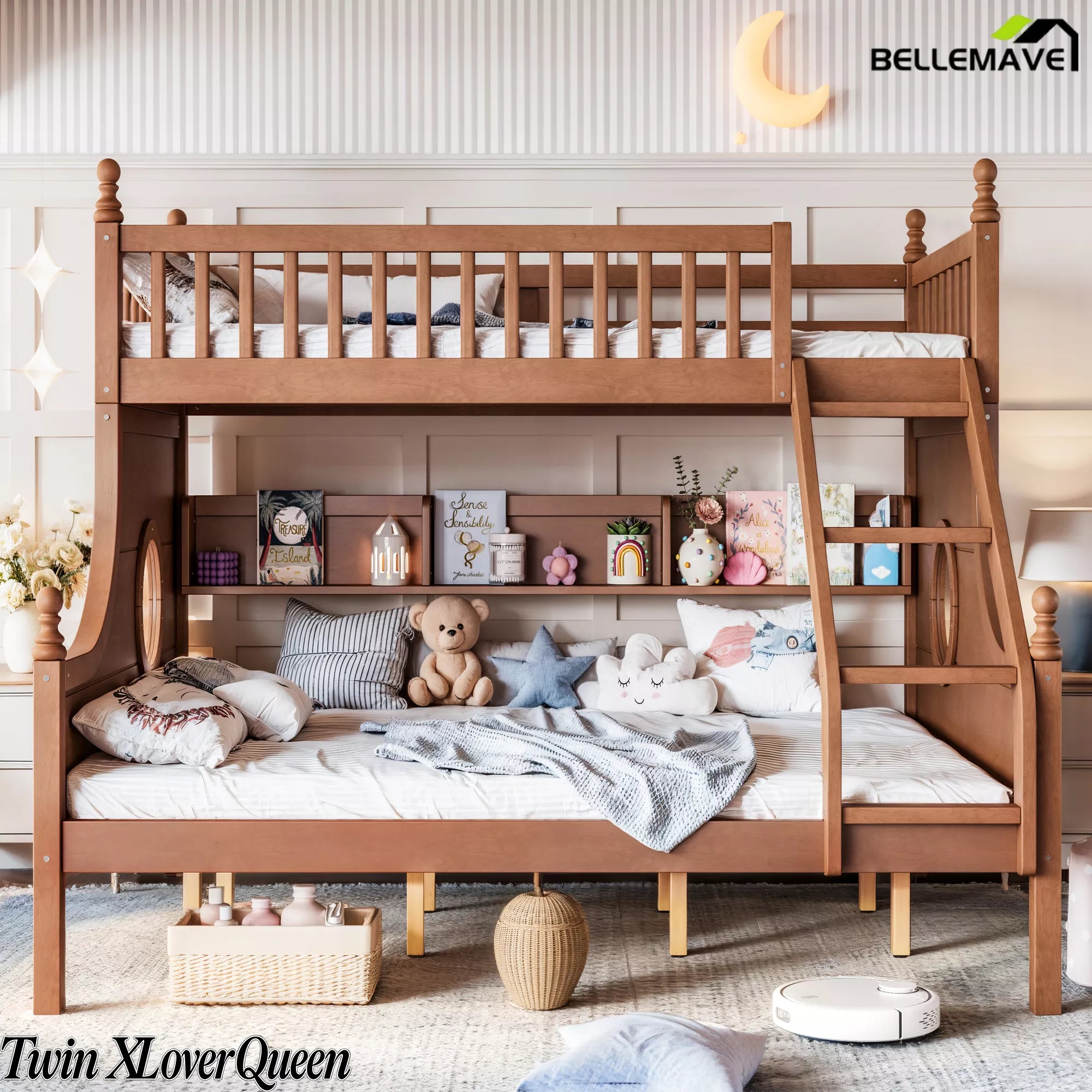Natural wood Twin XL over Queen bunk bed with staircase and built-in shelves