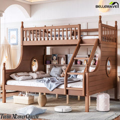 Natural wood Twin XL over Queen wooden bunk bed in a bedroom setting